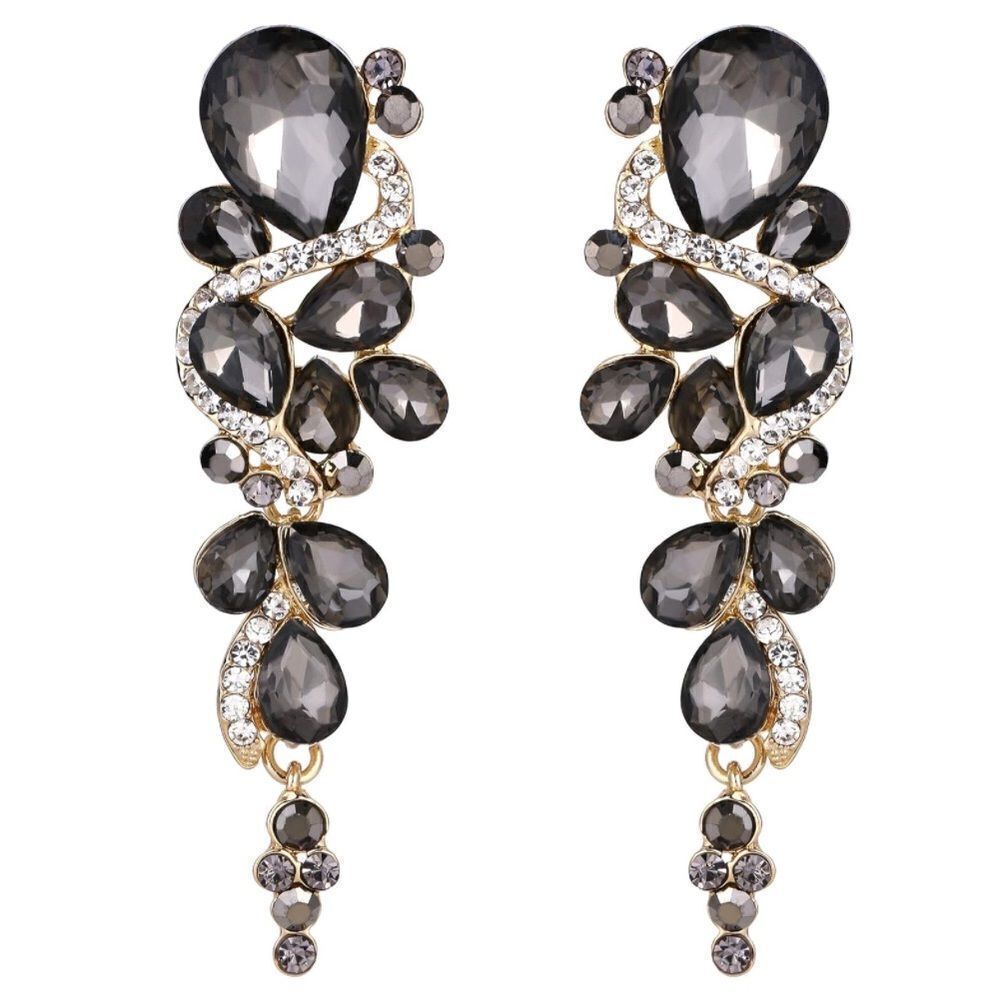 Yellow Gold with Charcoal Gray Austrian Crystal Chandelier Clip On Earrings